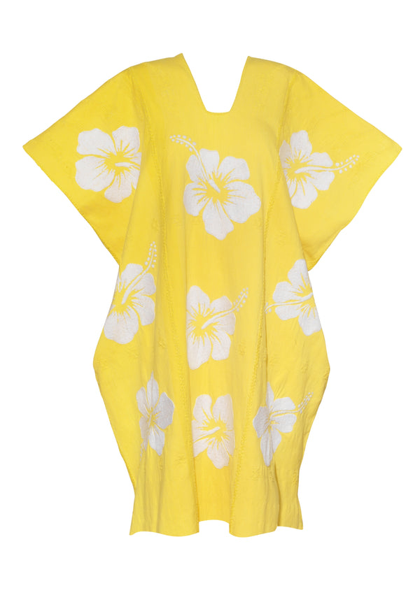 Pippa Holt Kaftan No.564 Three Panel Mini Kaftan In Yellow With White Hibiscus Embroidery Design