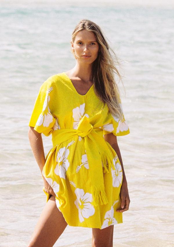pippa holt Kaftan No.564 Three panel mini kaftan in yellow with white hibiscus embroidery design