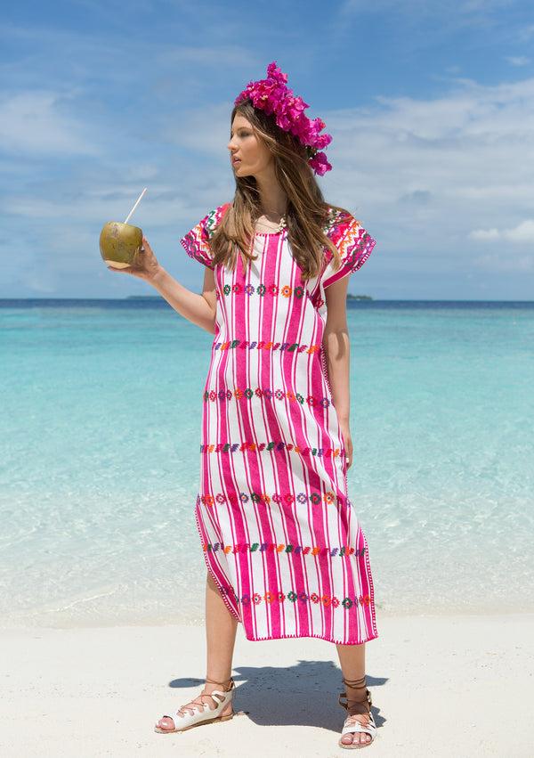 pippa holt Kaftan No.57 Single panel midi kaftan in thick pink and white stripe with multicoloured design