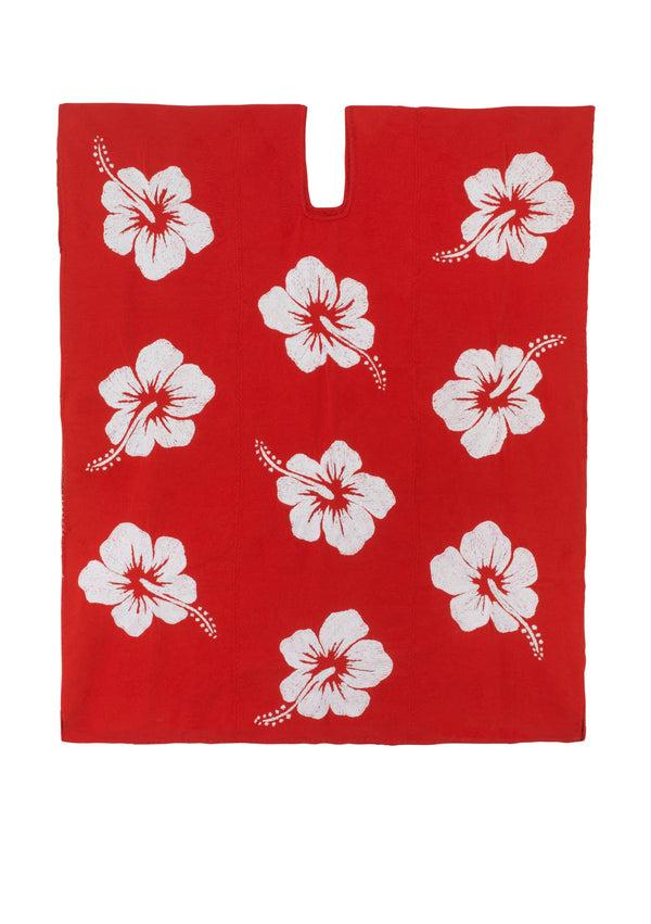Pippa Holt Kaftan No.570 Three Panel Mini Kaftan In Red With White Hibiscus Embroidery Design