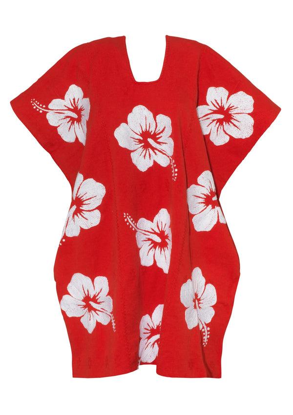 Pippa Holt Kaftan No.570 Three Panel Mini Kaftan In Red With White Hibiscus Embroidery Design