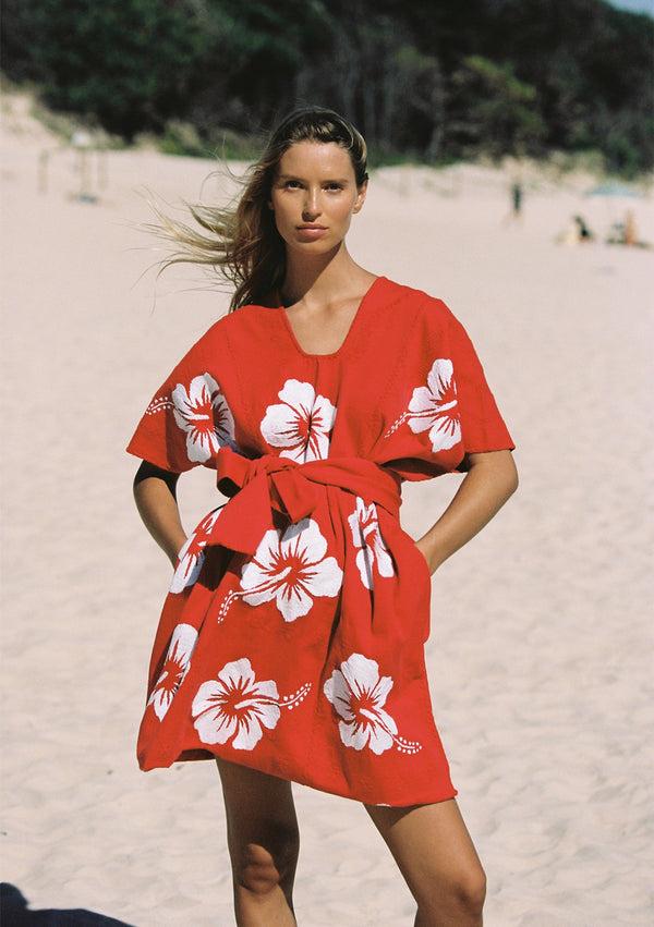 pippa holt Kaftan No.570 Three panel mini kaftan in red with white hibiscus embroidery design