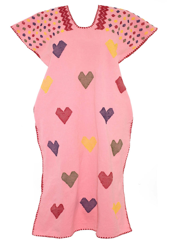 Pippa Holt Kaftan No.575 Single Panel Midi Kaftan In Pink With Multicoloured Heart Design