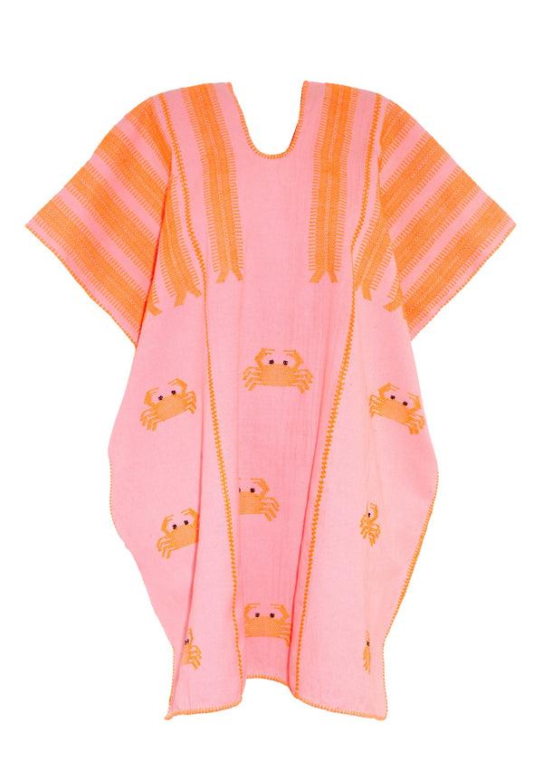 Pippa Holt Kaftan No.579 Three Panel Mini Kaftan In Candy Pink With Neon Orange Crab Design