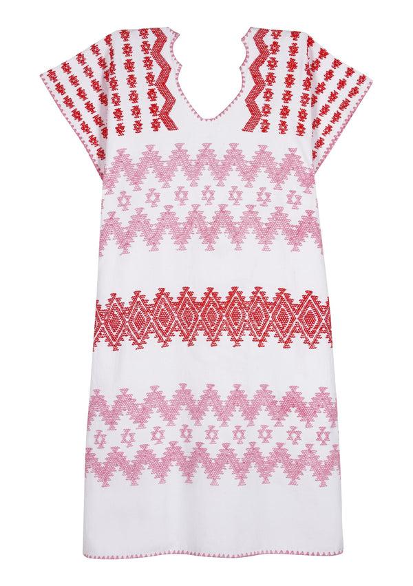 Pippa Holt Kaftan No.589 Single Panel Mini Kaftan In White With Light Pink And Red Zig Zag Design
