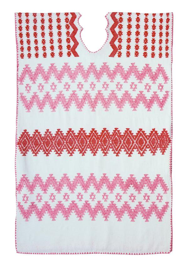 pippa holt Kaftan No.589 Single panel mini kaftan in white with light pink and red zig zag design