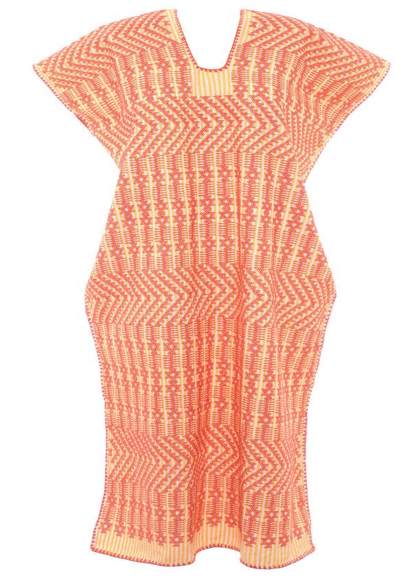 Pippa Holt Kaftan No.590 Single Panel Midi Kaftan In Yellow And White Stripe With Pink Design