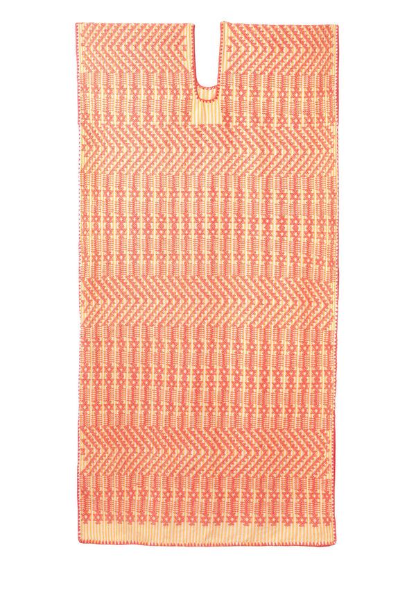 pippa holt Kaftan No.590 Single panel midi kaftan in yellow and white stripe with pink design