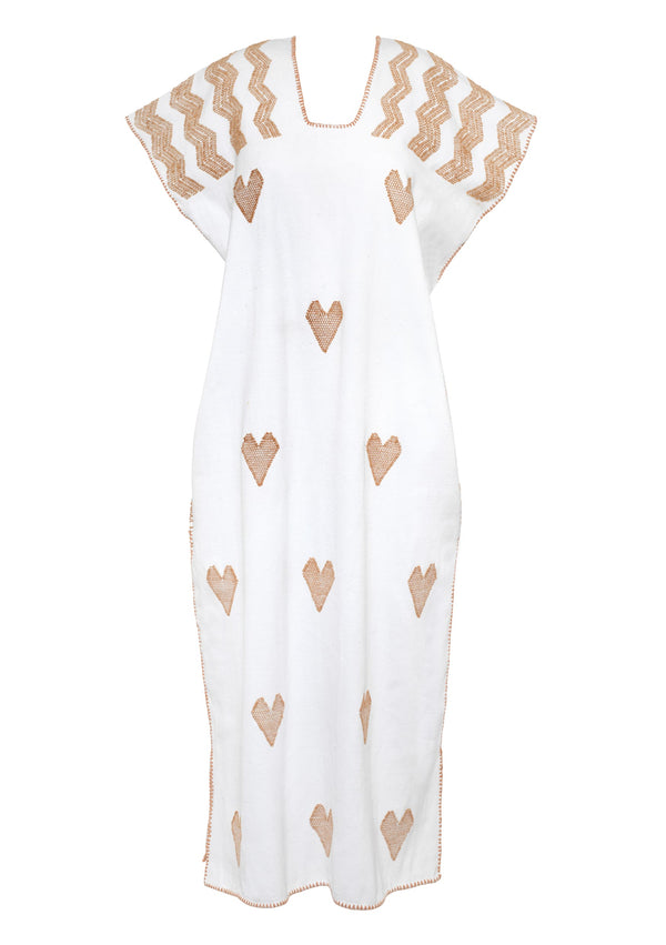 Pippa Holt Kaftan No.595 Single Panel Maxi Kaftan In White With Heart Beige Design