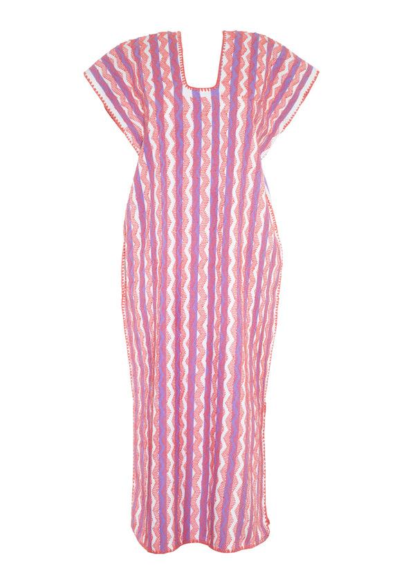 Pippa Holt Kaftan No.597 Single Panel Midi Kaftan In Lilac And White Stripes With Intricate Melon Pink Design