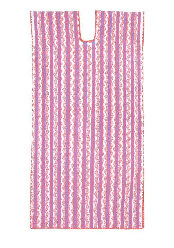 pippa holt Kaftan No.597 Single panel midi kaftan in lilac and white stripes with intricate melon pink design