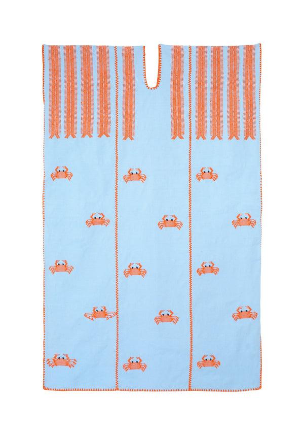 Pippa Holt Kaftan No.598 Three Panel Midi Kaftan In Baby Blue With Hot Orange Crab Design