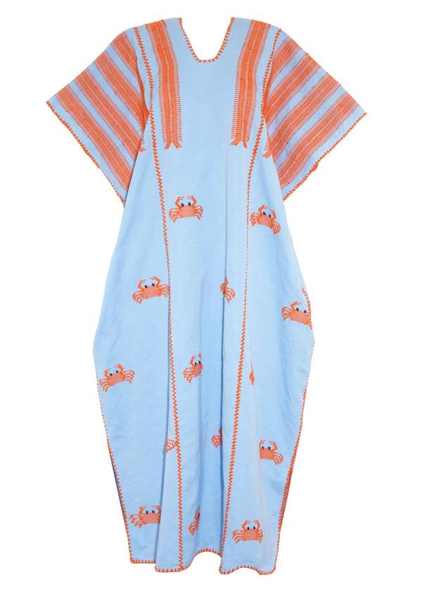 Pippa Holt Kaftan No.598 Three Panel Midi Kaftan In Baby Blue With Hot Orange Crab Design