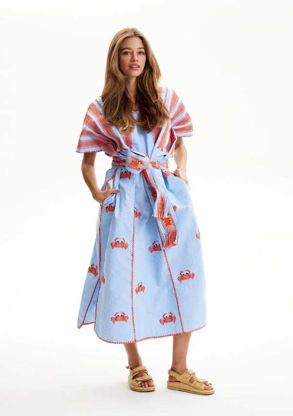 pippa holt Kaftan No.598 Three panel midi kaftan in baby blue with hot orange crab design