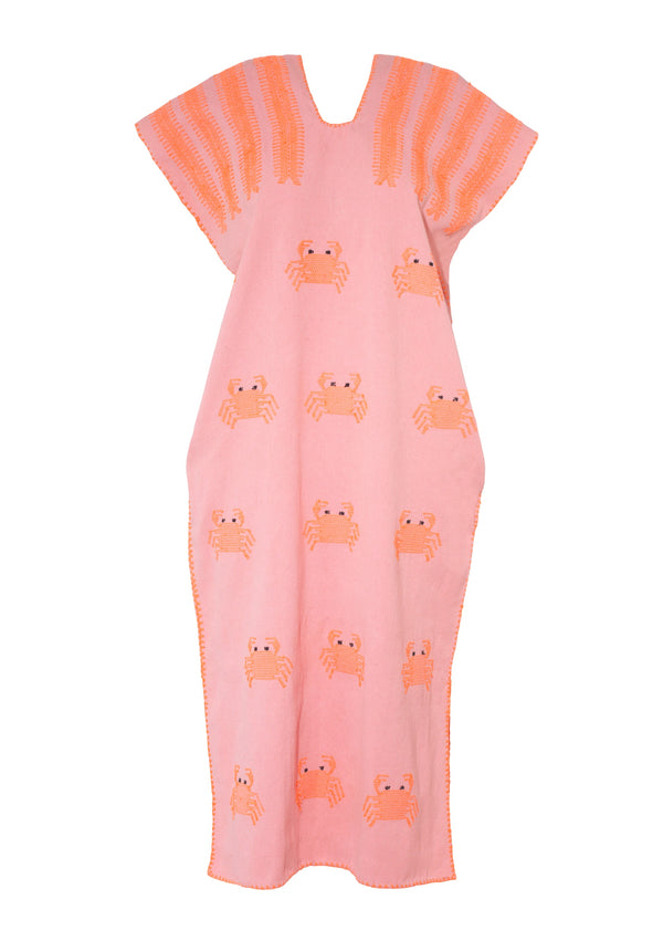 Pippa Holt Kaftan No.599 Single Panel Midi Kaftan In Candy Pink With Neon Orange Crab Design