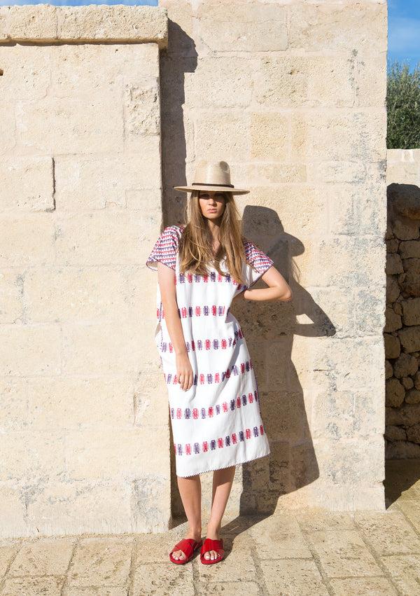 pippa holt Kaftan No.6 Single panel midi kaftan in white with purple and red design