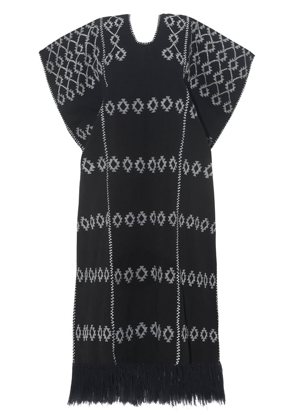 Pippa Holt Kaftan No.60 Three Panel Maxi Kaftan In Black With White Design And Fringed Hem