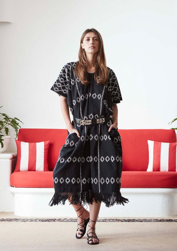 pippa holt Kaftan No.60 Three panel maxi kaftan in black with white design and fringed hem