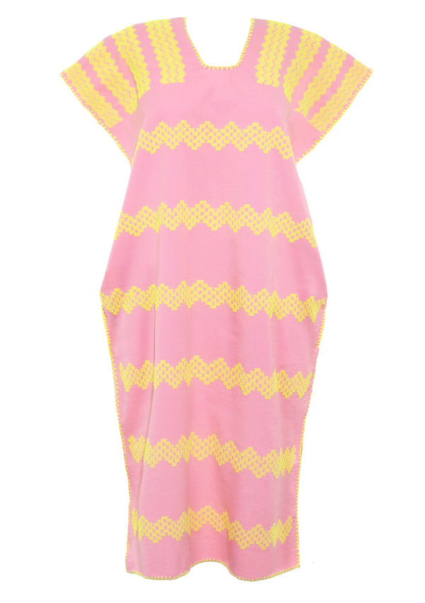 Pippa Holt Kaftan No.601 Single Panel Midi Kaftan In Pastel Pink And Neon Yellow Design