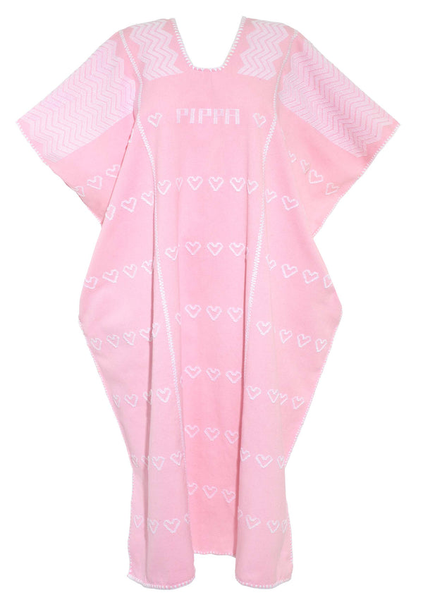 Pippa Holt Kaftan No.605 Three Panel Midi Kaftan In Pale Pink With White Heart Motifs And Monogram