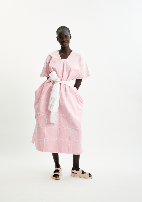 pippa holt Kaftan No.605 Three panel midi kaftan in pale pink with white heart motifs and monogram