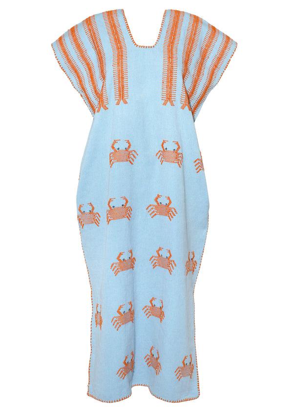 Pippa Holt Kaftan No.607 Single Panel Midi Kaftan In Baby Blue With Hot Orange Crab Design
