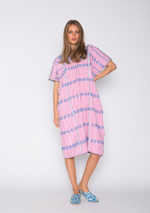 pippa holt Kaftan No.61 Three panel midi kaftan in pink and white stripe with blue design