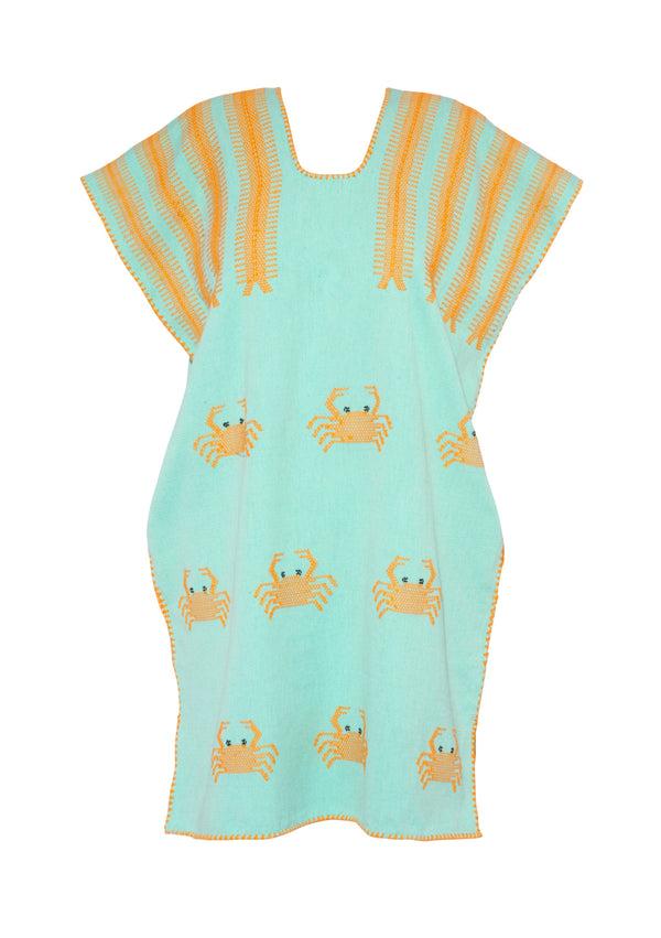 Pippa Holt Kaftan No.611 Single Panel Mini Kaftan In Light Mint And Bright Orange Crab Design