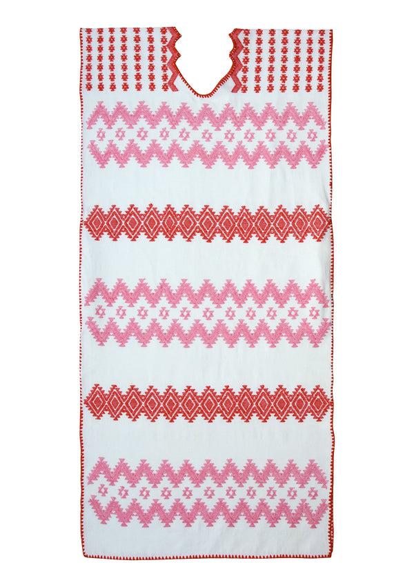 Pippa Holt Kaftan No.615 Single Panel Midi Kaftan In White With Light Pink And Red Zig Zag Design