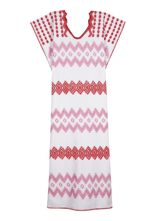 Pippa Holt Kaftan No.615 Single Panel Midi Kaftan In White With Light Pink And Red Zig Zag Design