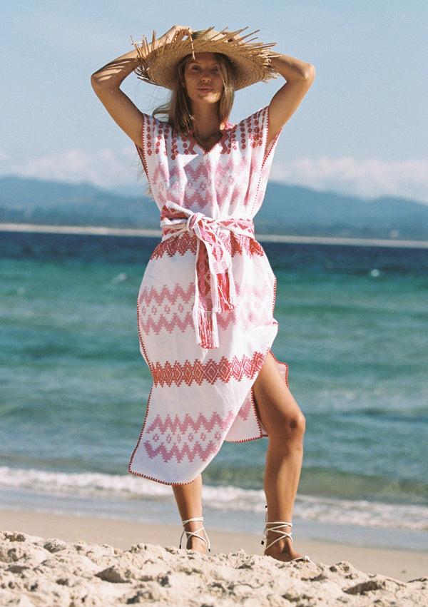 pippa holt Kaftan No.615 Single panel midi kaftan in white with light pink and red zig zag design