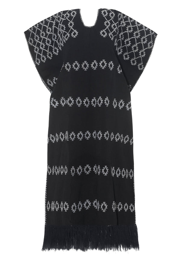 Pippa Holt Kaftan No.62 Single Panel Maxi Kaftan In Black With Fringe Hem And White Design