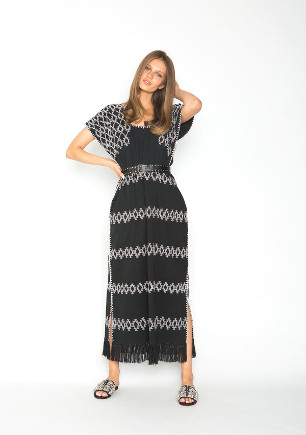 pippa holt Kaftan No.62 Single panel maxi kaftan in black with fringe hem and white design