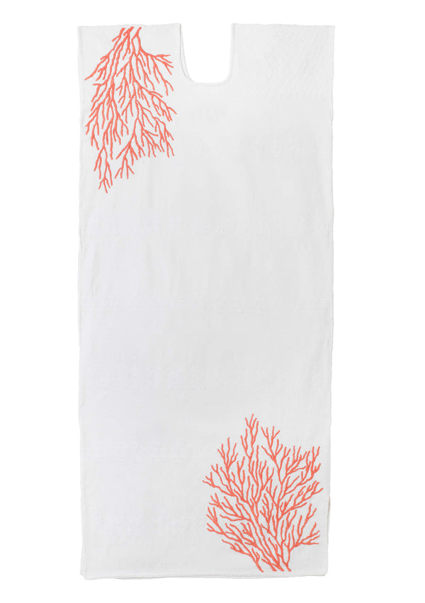 Pippa Holt Kaftan No.620 Single Panel Midi Kaftan In White With Embroidery Coral Design