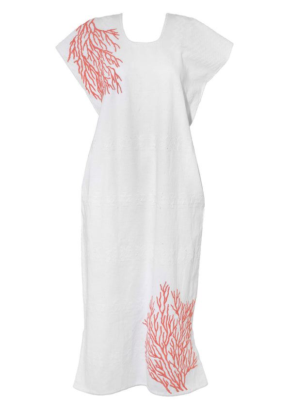 Pippa Holt Kaftan No.620 Single Panel Midi Kaftan In White With Embroidery Coral Design