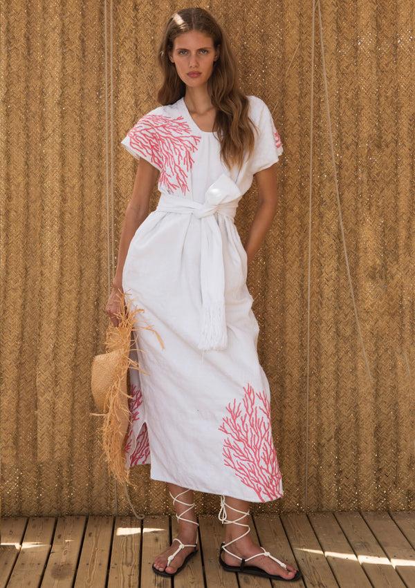 pippa holt Kaftan No.620 Single panel midi kaftan in white with embroidery coral design