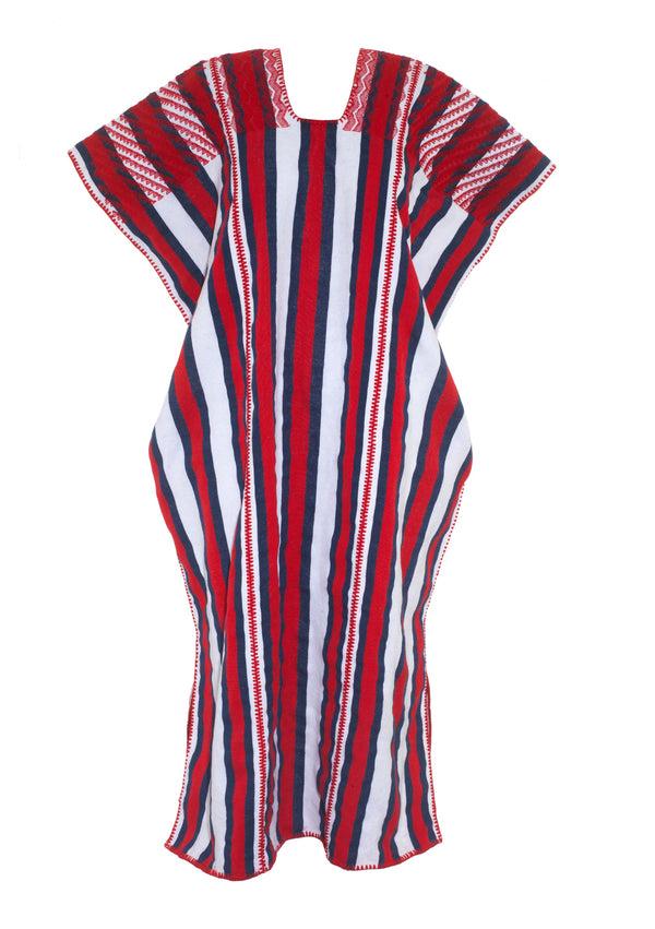 Pippa Holt Kaftan No.622 Three Panel Midi Kaftan In Red And White And Navy Stripes With Red Design