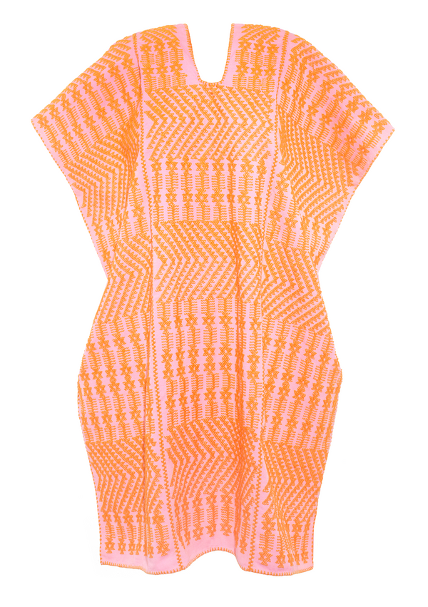 Pippa Holt Kaftan No.624 Three Panel Mini Kaftan In Pink With Intricate Orange Design