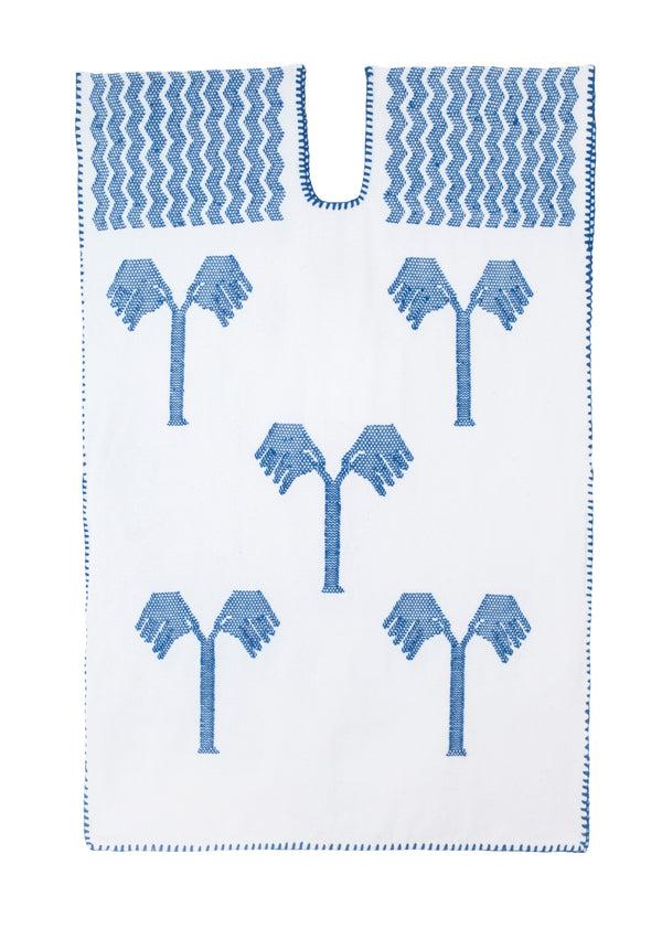 Pippa Holt Kaftan No.628 Single Panel Mini Kaftan In White With Blue Palm Motifs