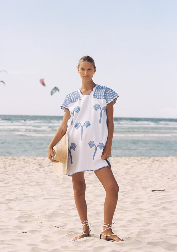 pippa holt Kaftan No.628 Single panel mini kaftan in white with blue palm motifs