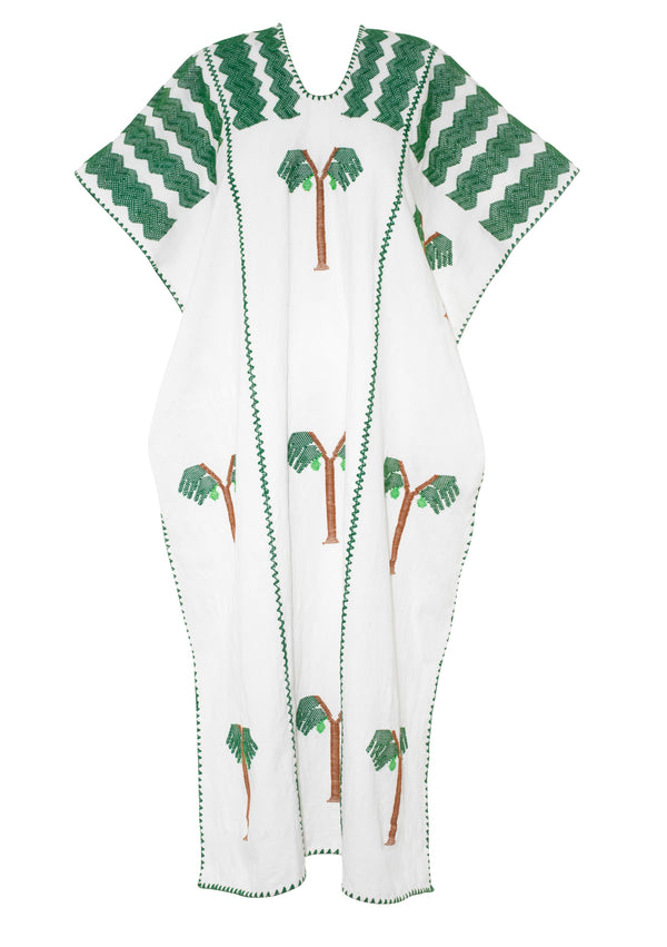Pippa Holt Kaftan No.632 Three Panel Midi Kaftan In White With Realistic Palm Motifs