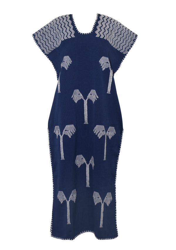 Pippa Holt Kaftan No.637 Single Panel Midi Kaftan In Navy With White Palm Tree