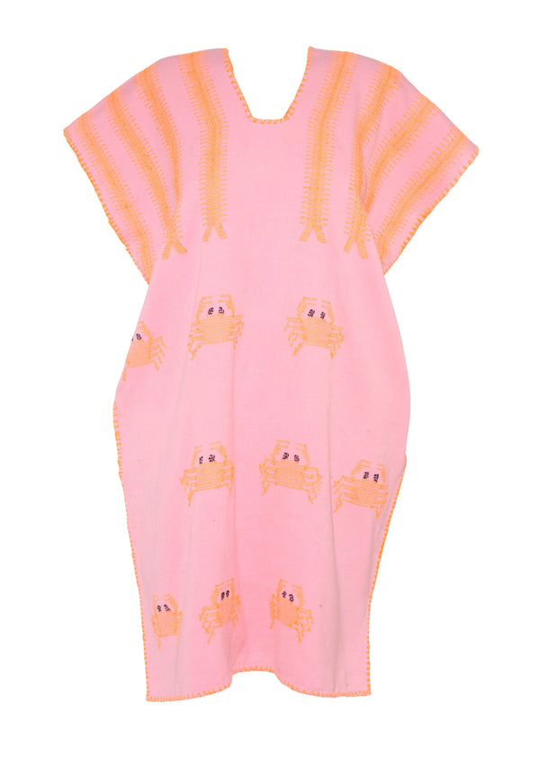 Pippa Holt Kaftan No.638 Single Panel Mini Kaftan In Candy Pink With Neon Orange Crab Design