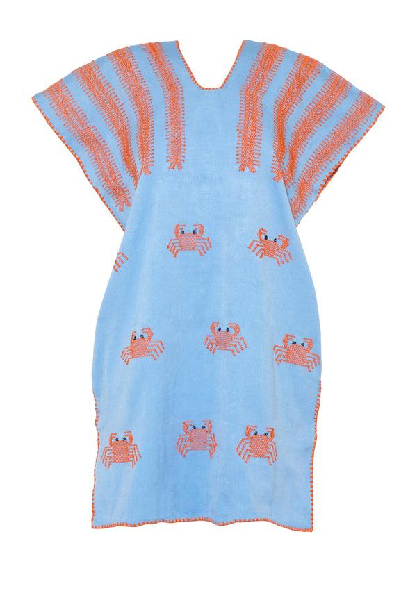 Pippa Holt Kaftan No.639 Single Panel Mini Kaftan In Baby Blue With Hot Orange Crab Design