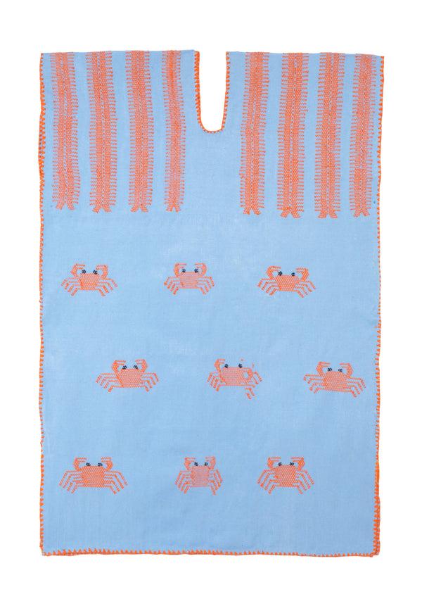 pippa holt Kaftan No.639 Single panel mini kaftan in baby blue with hot orange crab design