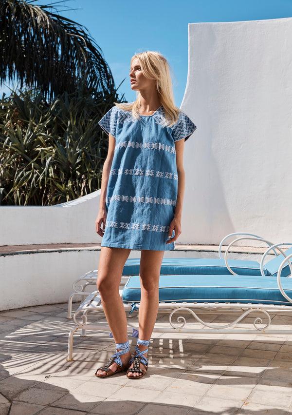 pippa holt Kaftan No.64 Single panel ‘Supermini’ kaftan in "denim" with white design