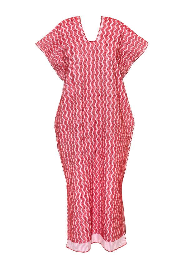 Pippa Holt Kaftan No.640 Single Panel Midi Kaftan In Pink And White Stripes With Intricate Red Design