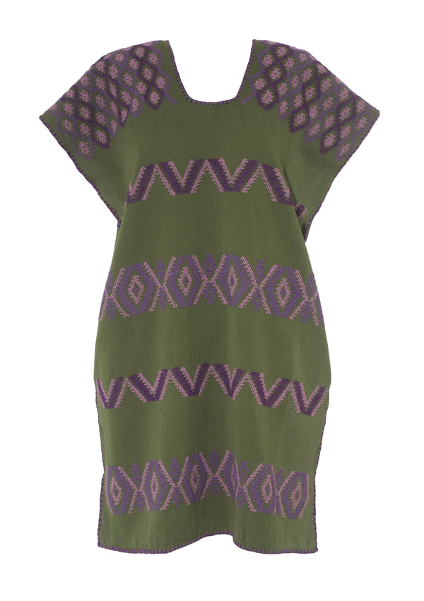 Pippa Holt Kaftan No.641 Single Panel Mini Kaftan In Khaki With Dark And Light Lilac Design