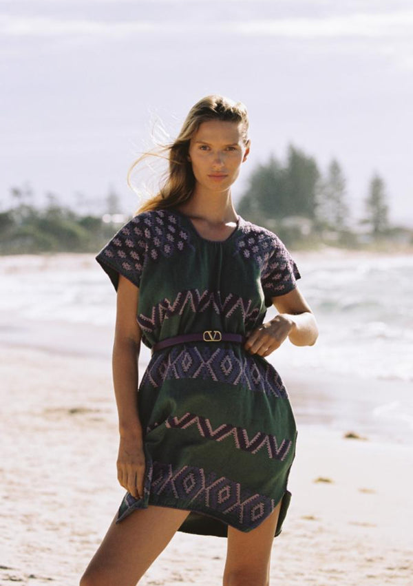 Pippa Holt Kaftan No.641 Single Panel Mini Kaftan In Khaki With Dark And Light Lilac Design