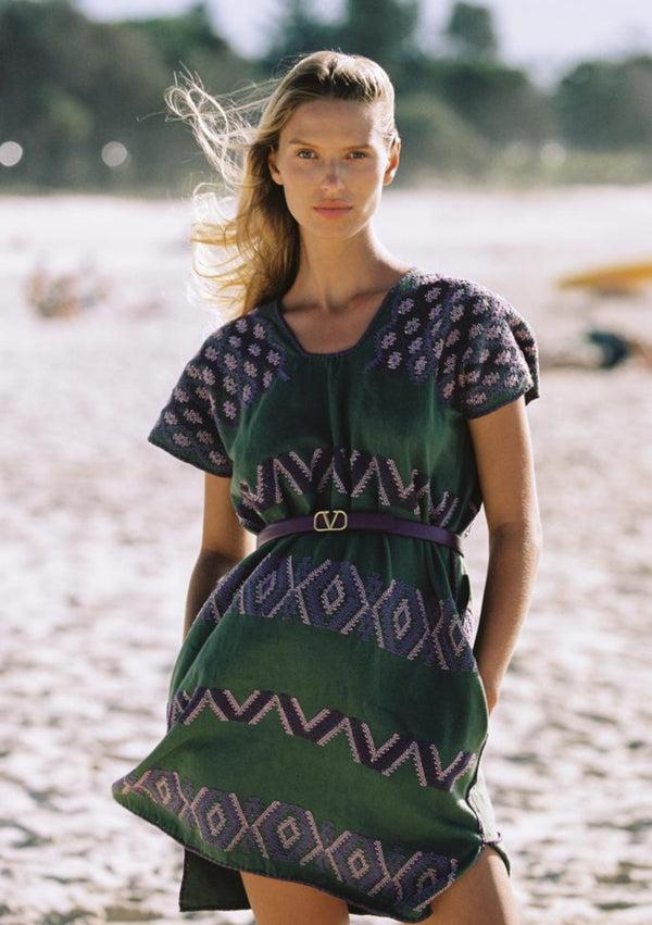 pippa holt Kaftan No.641 Single panel mini kaftan in khaki with dark and light lilac design